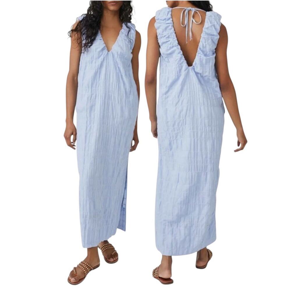 Free People Dress Agatha Midi Blue Long Oversize Boho Textured Lagenlook Medium - Picture 2 of 11